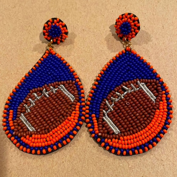 🧡💙Madeline Orange Blue Beaded Football Teardrop Earrings Auburn - Picture 1 of 1